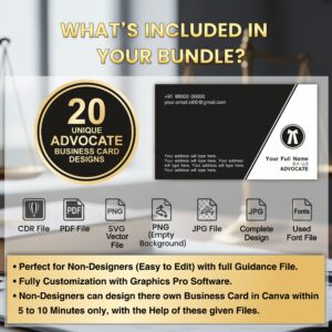 20 Professional Advocate Business Card Designs Bundle (CDR, PNG, Canva Ready)