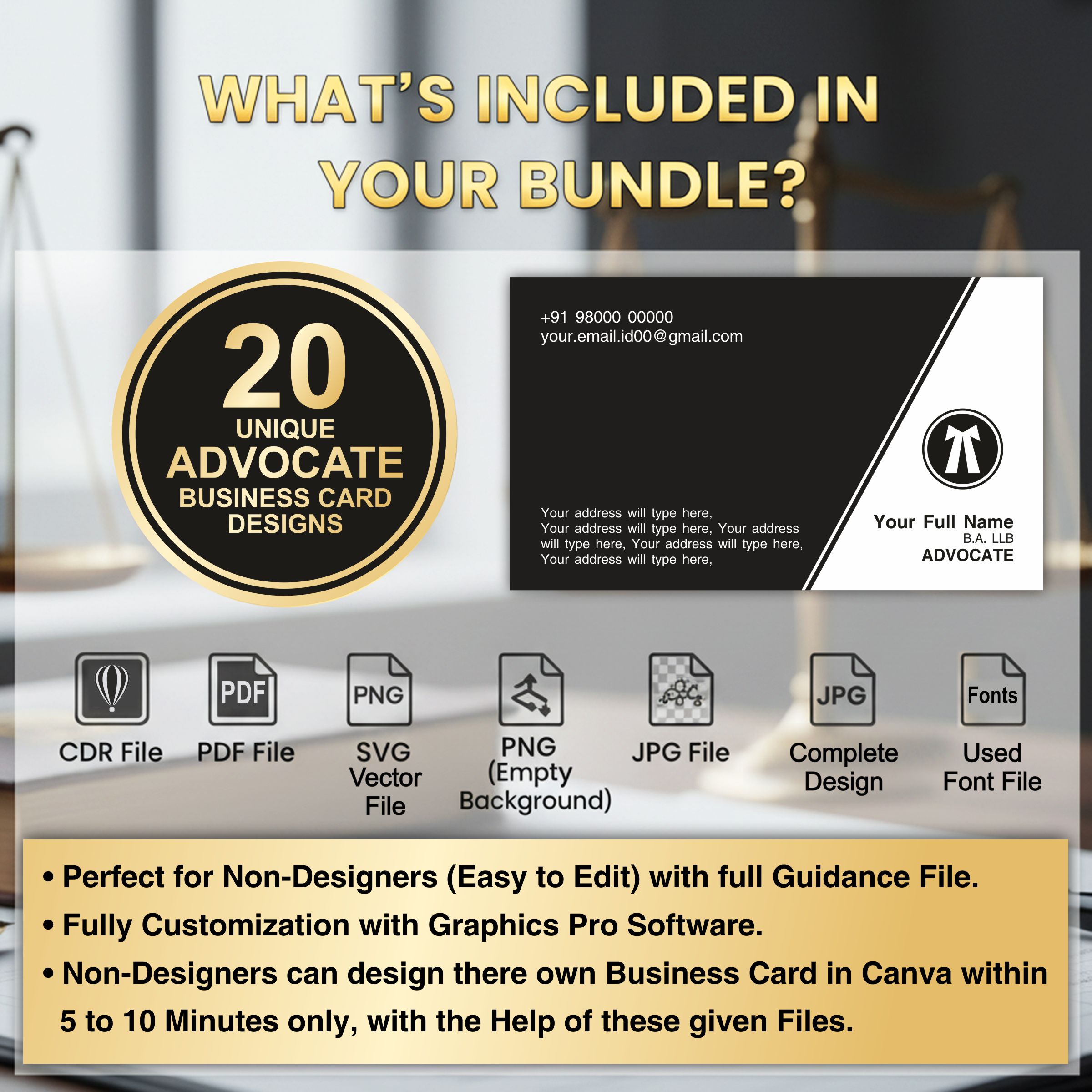 20 Professional Advocate Business Card Designs Bundle (CDR, PNG, Canva Ready)